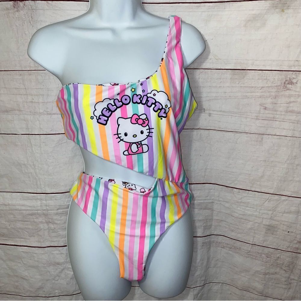SHEIN X Hello Kitty Friends Cartoon & Rainbow Striped One Shoulder 1P Swimsuit L